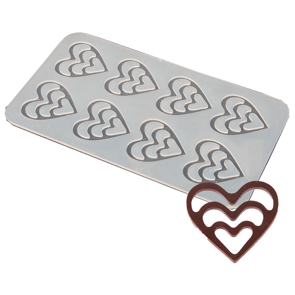 FineDecor Heart Pattern Silicone Chocolate Garnishing Mould (8 Cavity), Triple Heart Shape Garnishing Sheet For Chocolate And Cake Decoration FD 3512