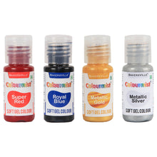 Load image into Gallery viewer, Colourmist Soft Gel Concentrated Color 20g each, Pack of 4(Super Red, Royal Blue, Metallic Gold, Metallic Silver) Gel Colour For Fondant, Dessert
