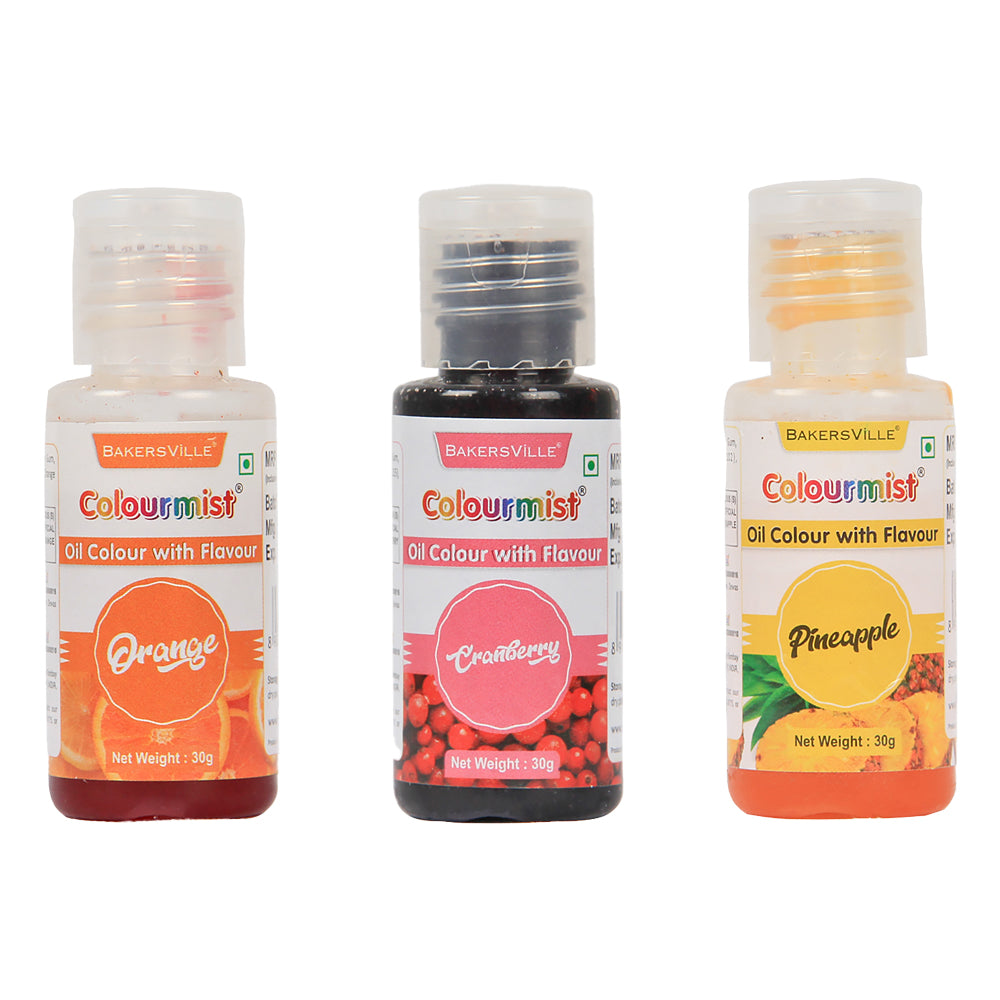 Colourmist Oil Colour With Flavour,  Pack Of 3 (ORANGE, CRANBERRY, PINEAPPLE), 30g Each | Chocolate Oil Assorted Flavour with Natural Colour