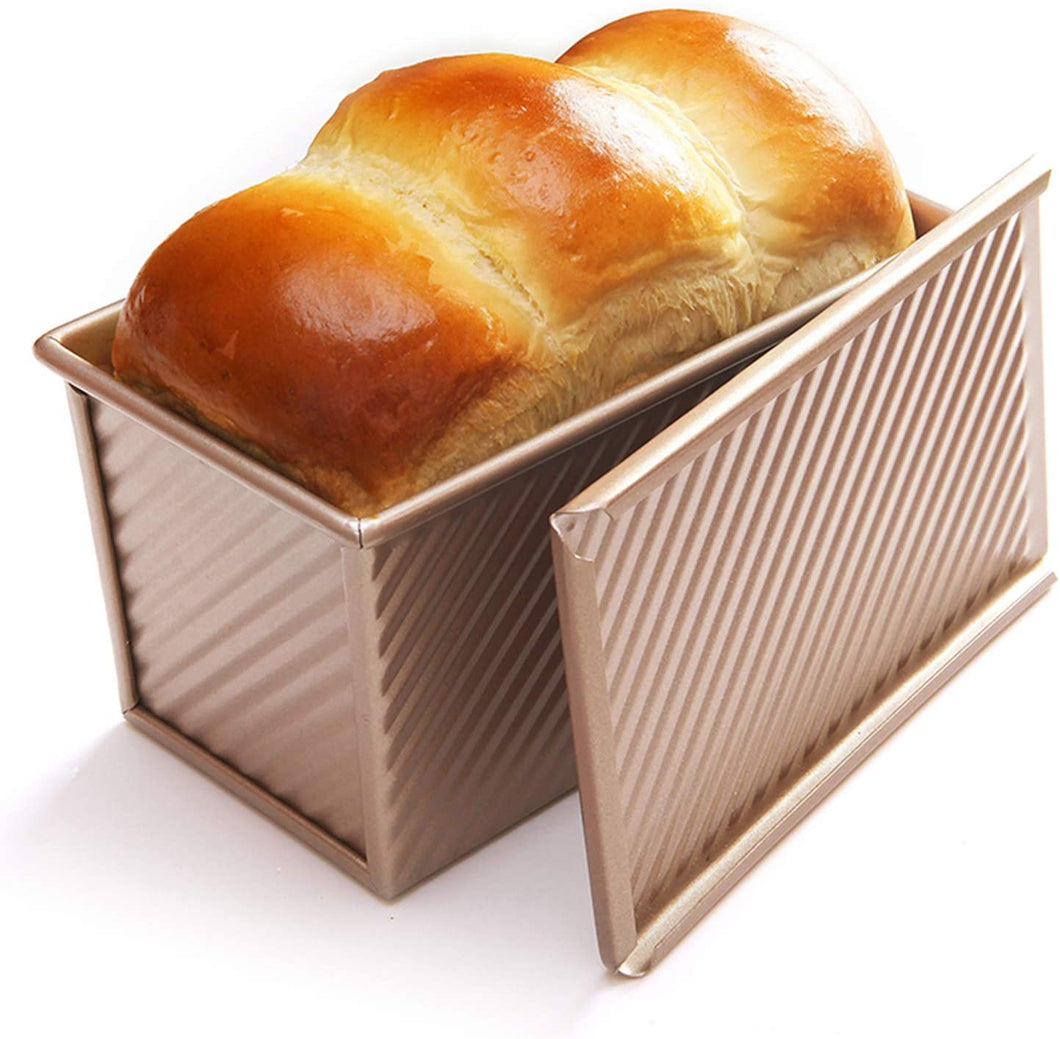 FineDecor Premium Nonstick Carbon Steel Bread Mould, Loaf Pan, Bread Pan, Toast Mould, Bread Tin with Cover Bakeware (Gold) for 500 gm, FD - 3039.