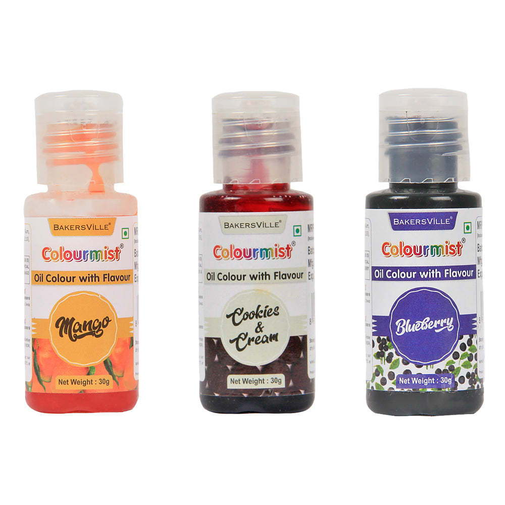 Colourmist Oil Colour With Flavour, Pack Of 3 (MANGO, COOKIES AND CREAM, BLUEBERRY), 30g Each | Chocolate Oil Assorted Flavour with Natural Colour