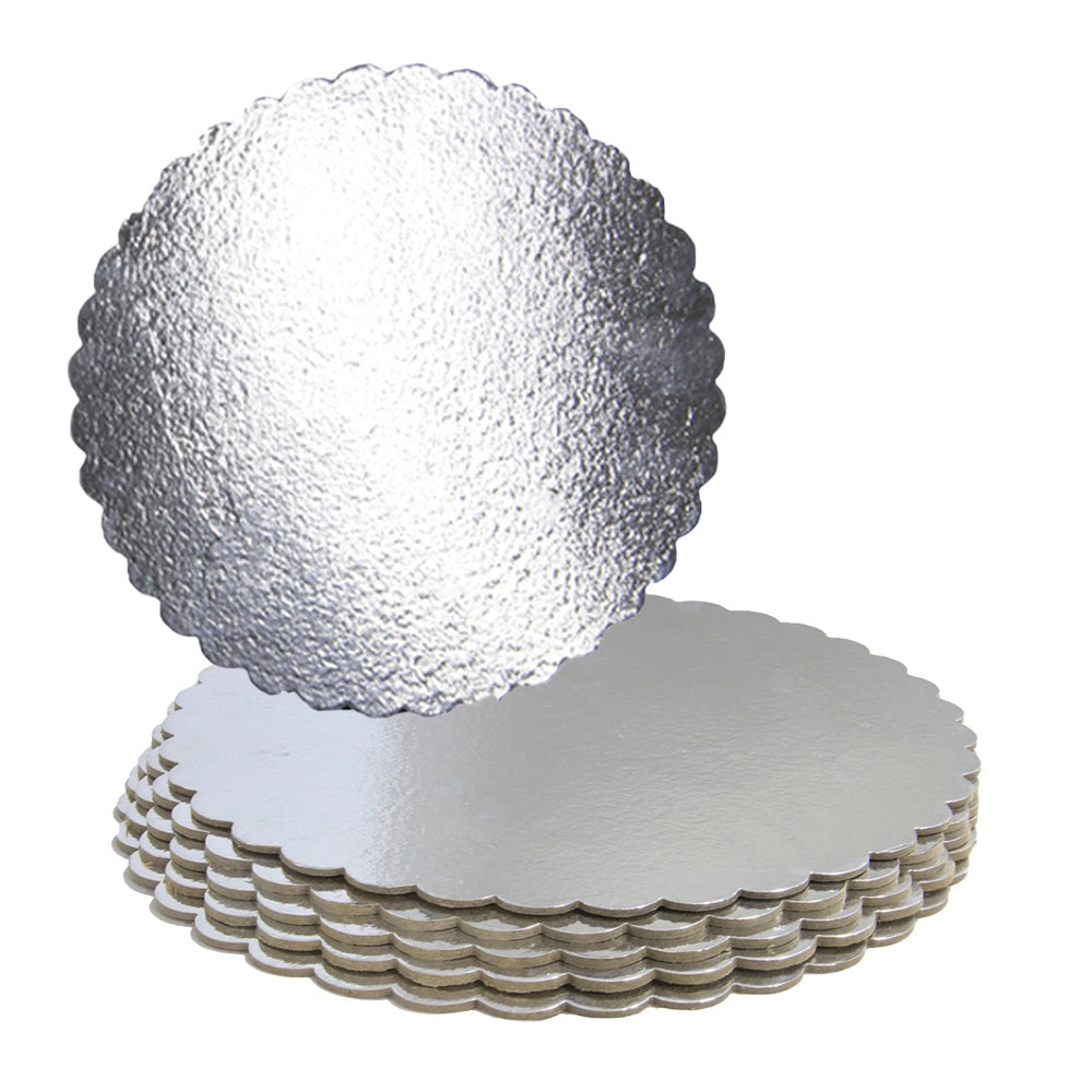 FineDecor Silver Cake Board 12 INCH Round Cardboard (5 Pieces), Cardboard Round Cake Circle Base, 12 Inches Diameter (Silver)