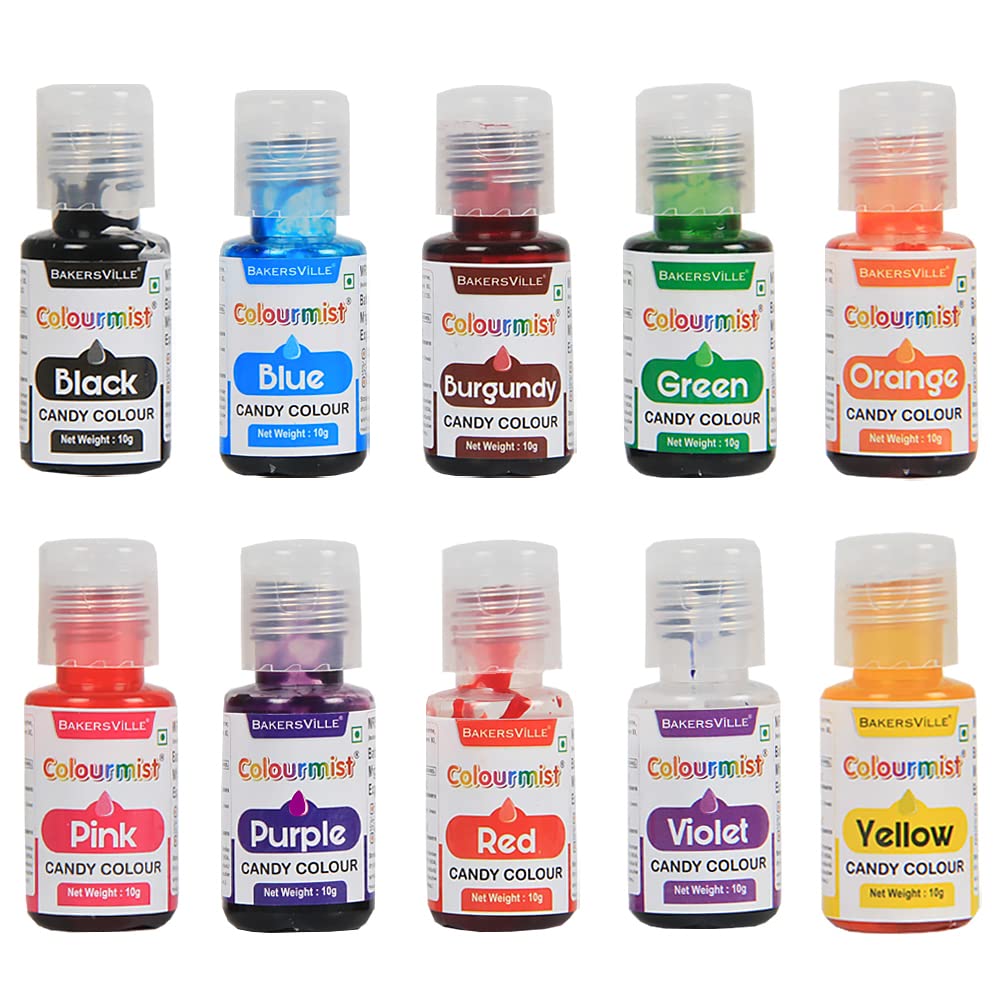 Colourmist Edible Oil Candy Color Assorted 10g each, Pack Of 10 (Black, Pink, Blue, Purple, Burgundy, Red, Green, Violet, Orange, Yellow) - BV 3047