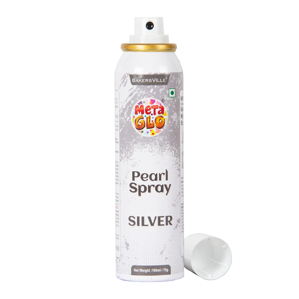 MetaGlo Edible Pearl Spray ( Silver ), 100ml | Cake Decorating Spray Colour for Cakes, Cookies, Cupcakes Or Any Consumable For A Dazzling Metallic Shimmer Effect, Silver