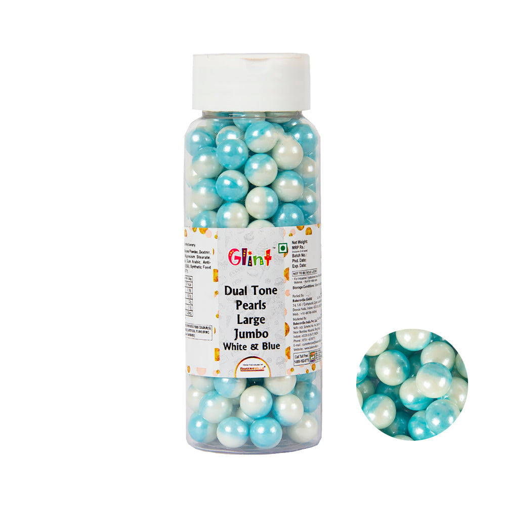 Glint Dual Tone Pearl Balls for Cake Decoration ( 10mm ) ( White & Blue ), 150g | Dual Colour Cake Sprinkle For Cake Decoration | 150g
