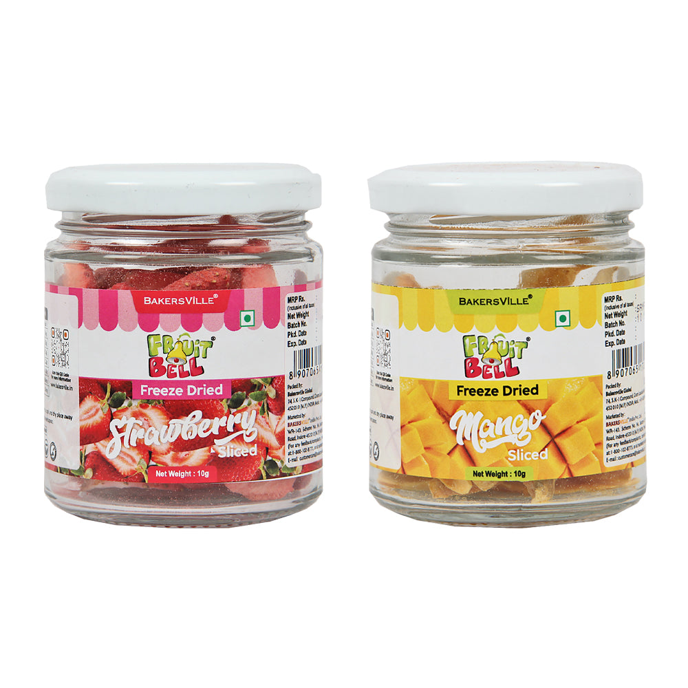 Fruitbell Freeze Dried Combo Of Sliced Strawberry & Sliced Mango, 20g (10g Each), Healthy Fruit Snack, 100% Natural,No Preservatives, No Added Sugar