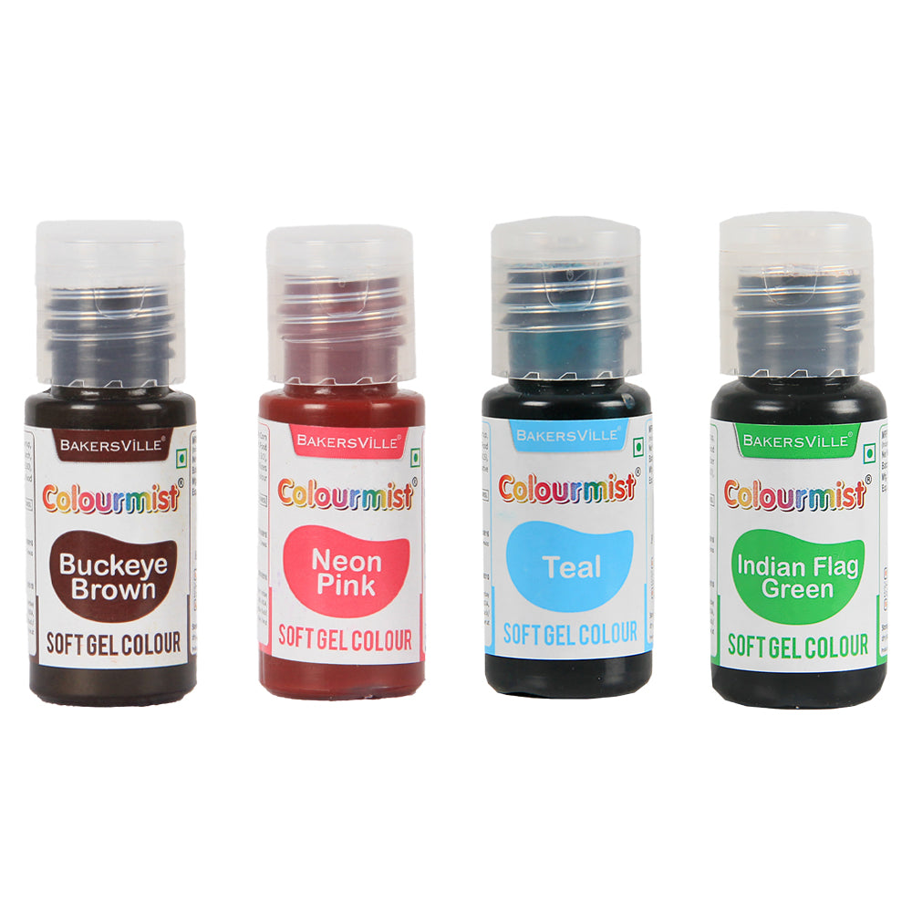 Colourmist Soft Gel Concentrated Color 20g each, Pack of 4(Buckeye Brown, Neon Pink, Teal, Indian Flag Green) Gel Colour For Fondant, Dessert, Baking