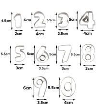 Load image into Gallery viewer, FineDecor Bakeware Stainless Steel 0 to 9 Numbers Cookie Cutter Mold Tools for Fondant Biscuit,Cake,Fruit,Vegetables,or Dough Cut (10 Pcs) - FD 2933
