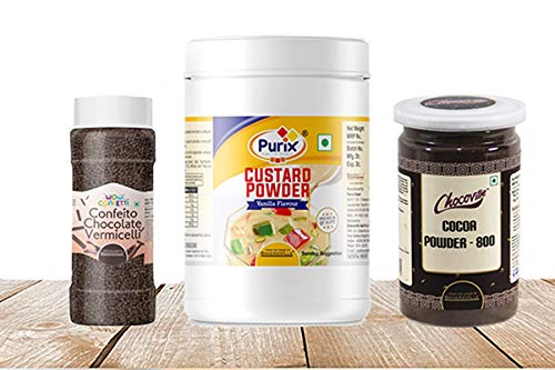 Dessert Kit (Combo Pack of Chocoville Dark Cocoa Powder (150 gm), Purix Custard Powder (300 gm) & Wow Confetti Chocolate Vermicelli (125 gm)