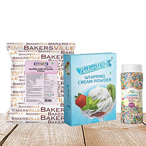 Cake Decoration Kit (Combo Pack of EggLess Vanilla Cake Premix Prime (1Kg),Vanilla Whipping Cream (450 gm) & Rainbow balls (150 gm)