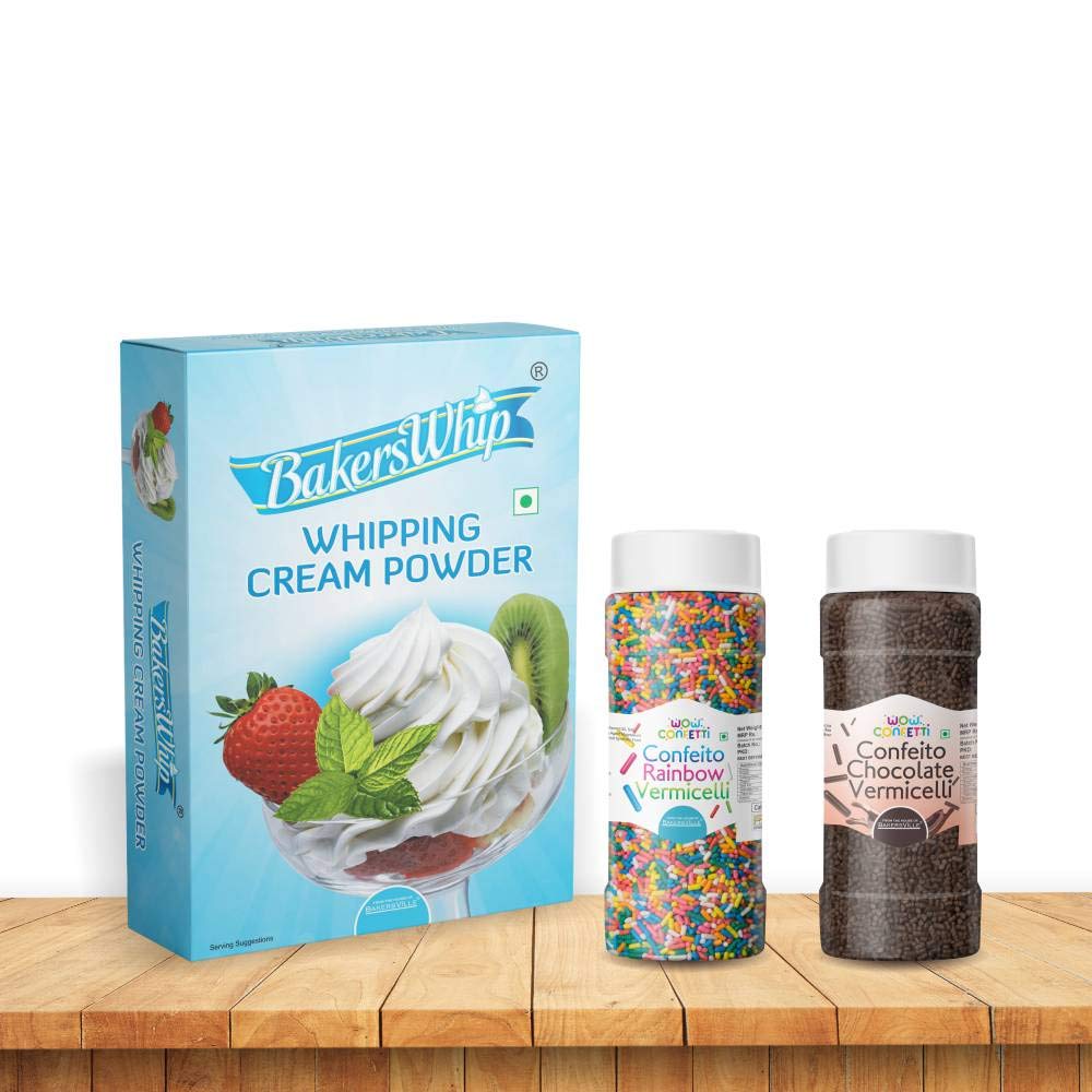 BakersWhip Whipping Cream 450 g & Wow Confetti™ Confeito Vermicelli Combo (Rainbow 125g & Chocolate 125g) (Sprinkles).