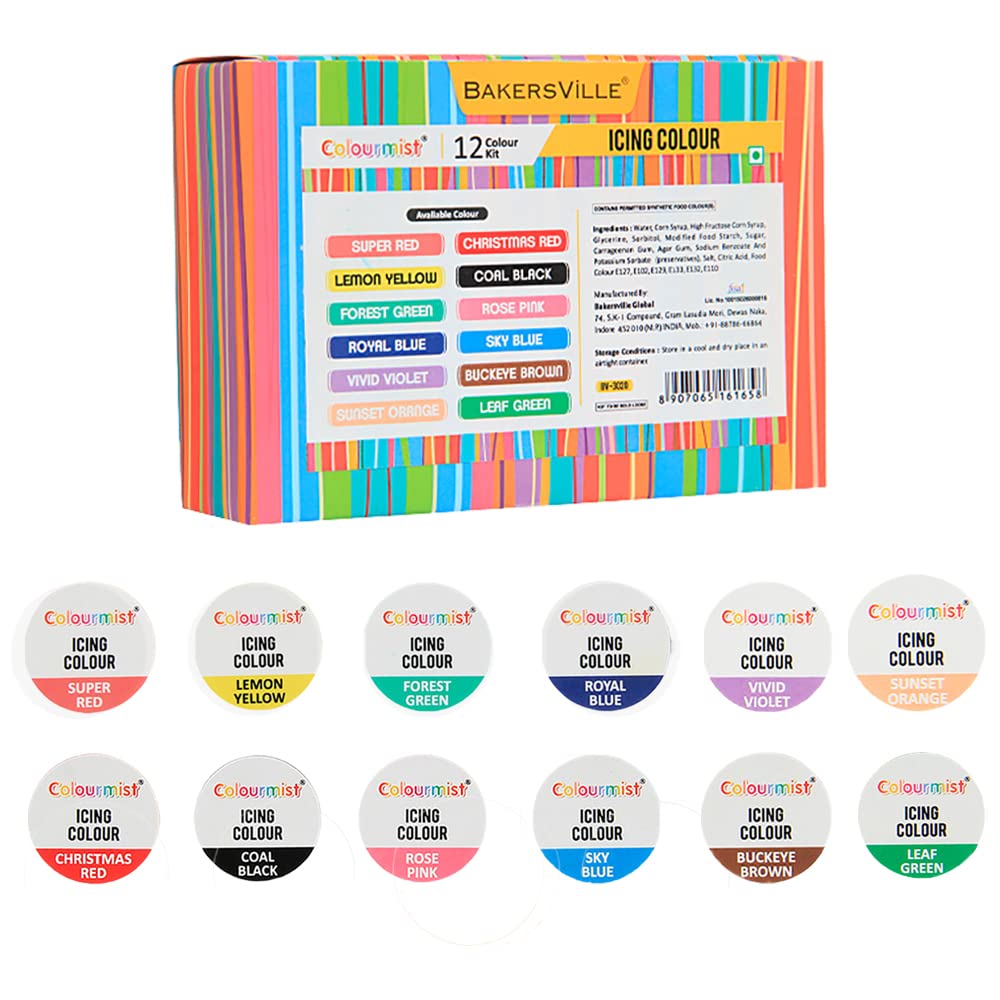 Colormist Icing Color Assorted 7.5g each, Pack Of 12(Red, Christmas Red, Yellow, Black, Green, Pink, Blue, Blue, Violet, Brown, Orange, Green) BV3020