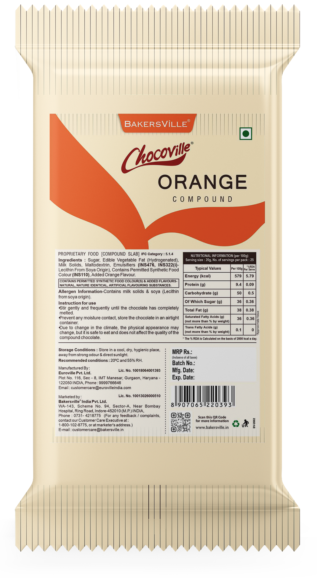 Chocoville Orange Compound Slab 500g