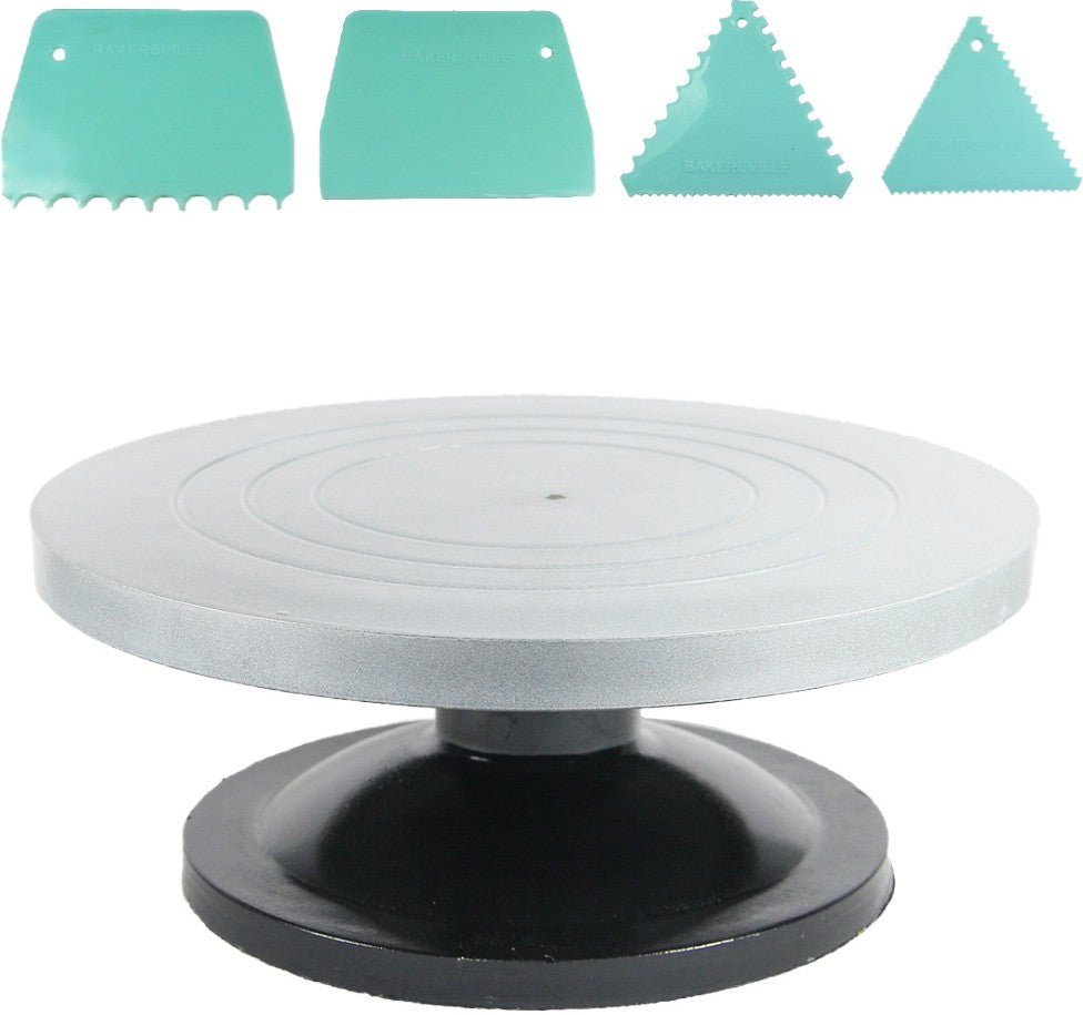 FineDecor Cake Turntable 12 Inch (30 cm) & Assorted Cake Scrapper Set of 4 Combo.