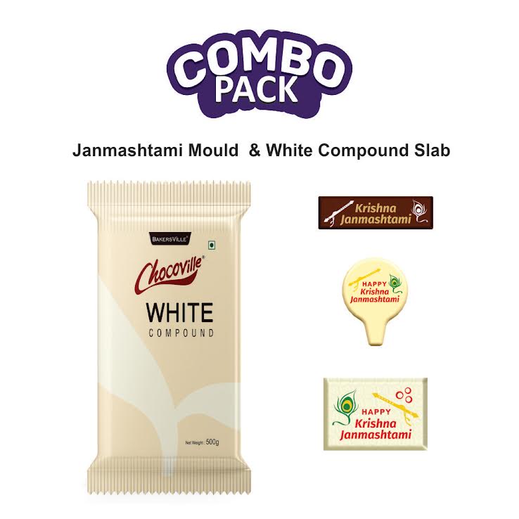 Chocoville White Compound with Krishna Janmashtami Decorative Mould – Festive Dessert Combo
