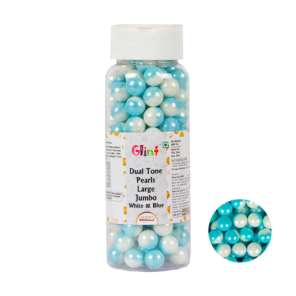 Glint Dual Tone Pearl Balls for Cake Decoration ( 7mm ) ( White & Blue ), 150g | Dual Colour Cake Sprinkle For Cake Decoration | 150g