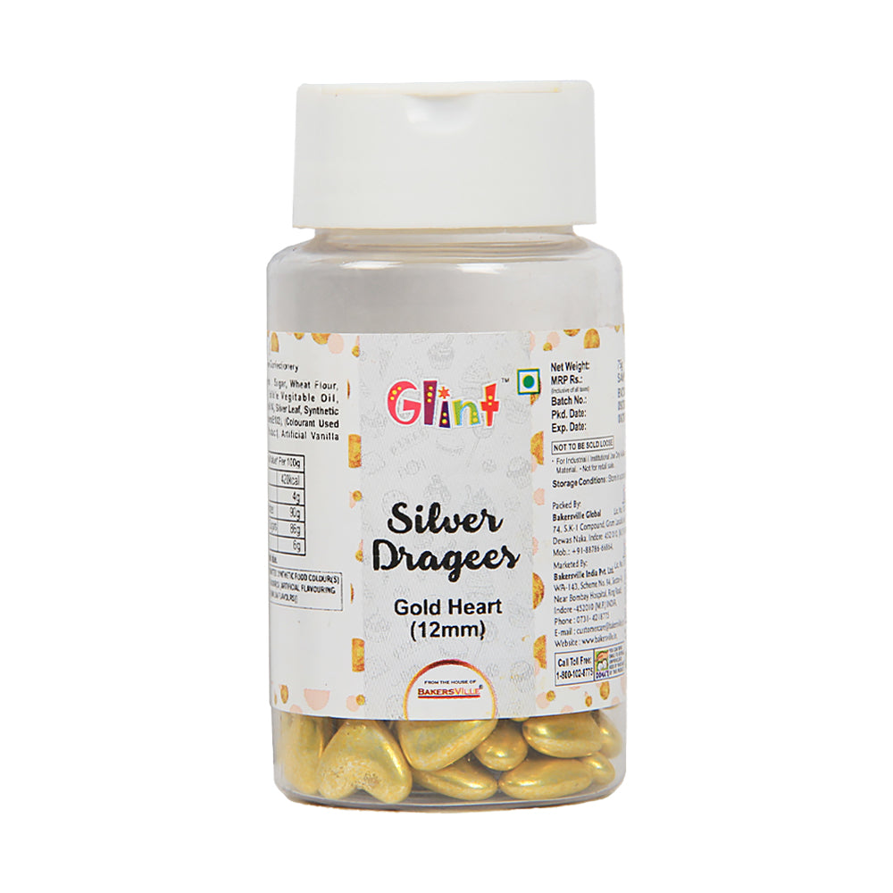 Glint Silver Dragees for Cake - 12 mm, Decorative Golden Heart Shape Dragees For Cake Décor, 75g, Sparkling Effect, Use for Outer Surface Decoration