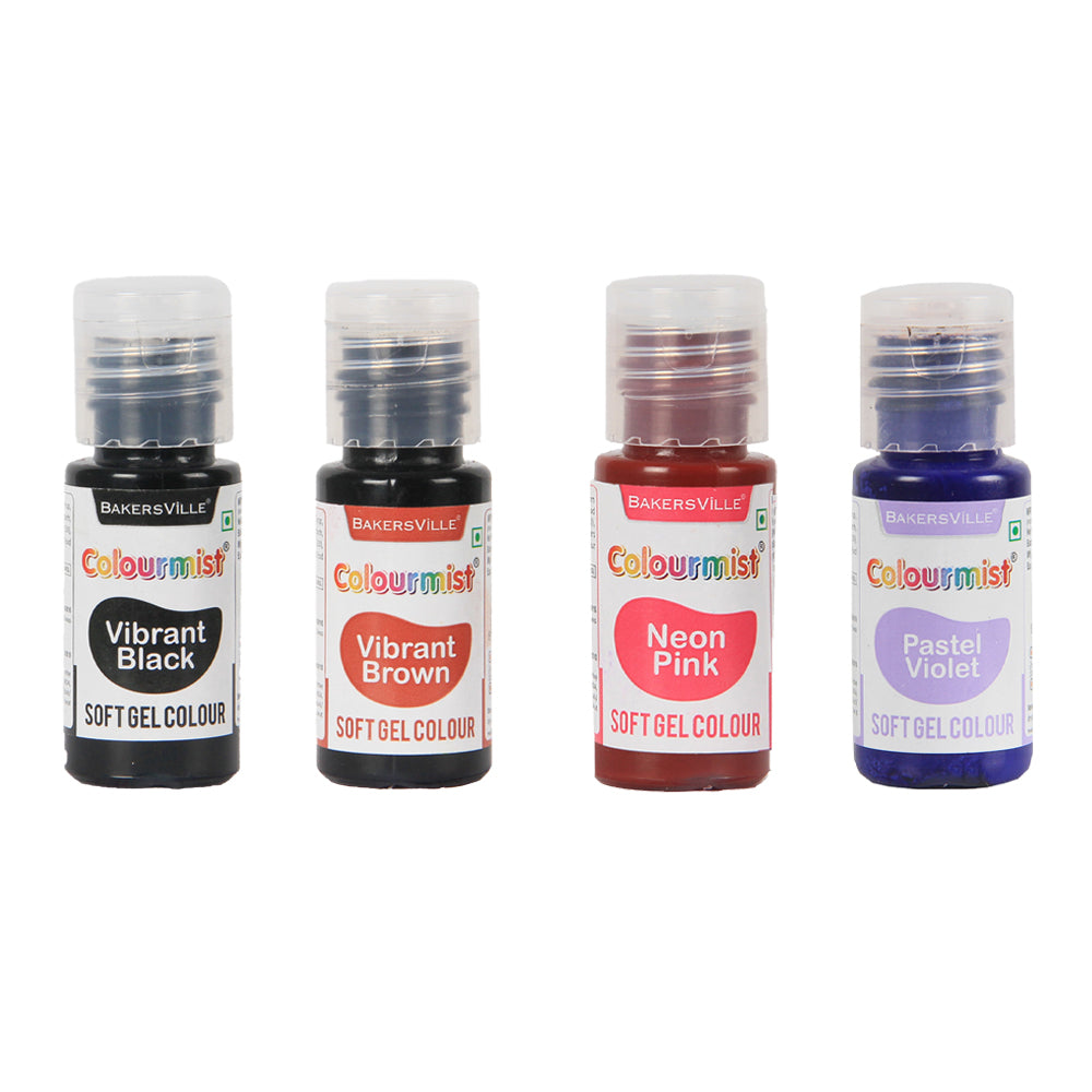 Colourmist Soft Gel Concentrated Color 20g each, Pack of 4(Black,Vibrant Brown,Neon Pink,Pastel Violet) gel Colour For Fondant, Dessert, Baking