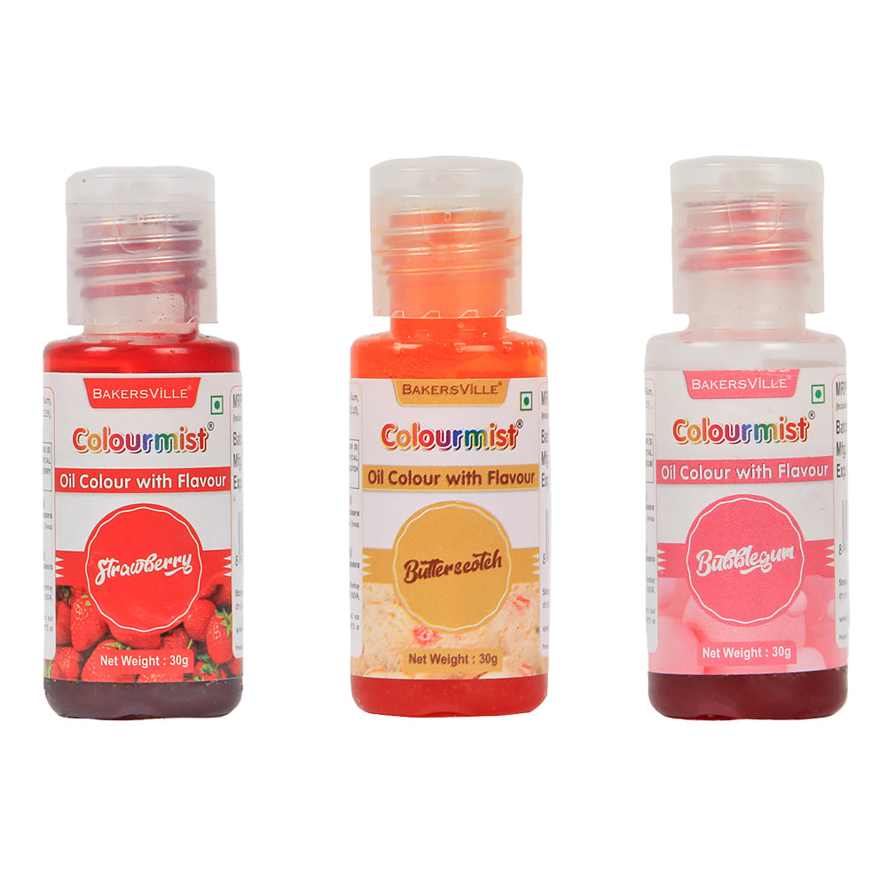 Colourmist Oil Colour With Flavour, Pack Of 3 (STRAWBERRY, BUTTERSCOTCH, BUBBLEGUM), 30g Each | Chocolate Oil Assorted Flavour with Natural Colour