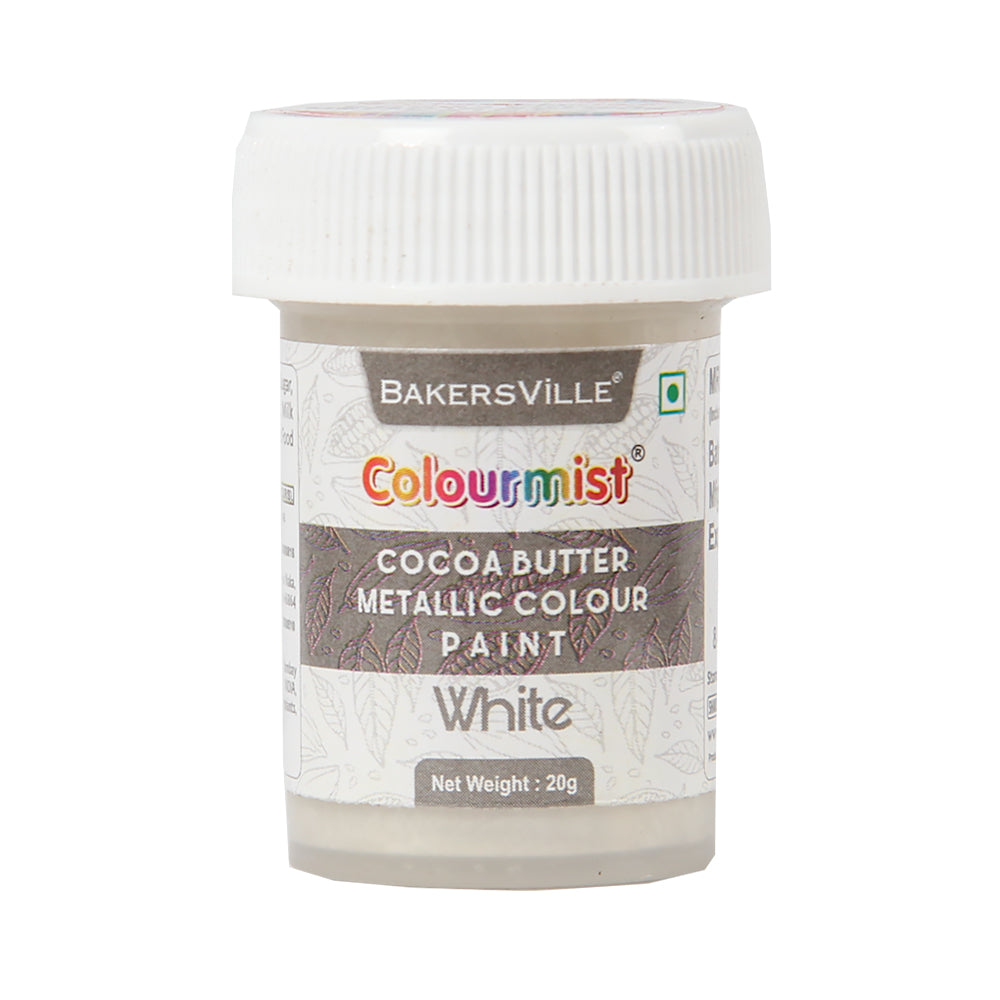 Colourmist Cocoa Butter Metallic Colour Paint (Metallic White), 20g | Color Paint For Chocolate, Icing, Airbrush, Gumpaste | Metallic White, 20g