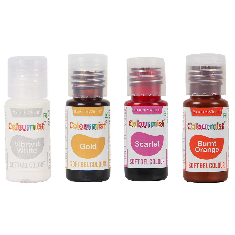 Colourmist Soft Gel Concentrated Color 20g each, Pack of 4(Vibrant White, Gold, Scarlet, Burnt Orange) Gel Colour For Fondant, Dessert, Baking