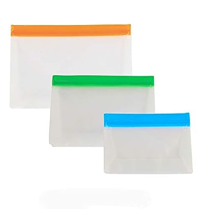 Puramate Prime 3 Pack Reusable PEVA Storage Bags, Extra Thick, Leakproof Silicone and Plastic Free for Marinate Meats, Sandwich, Snack, Travel Item