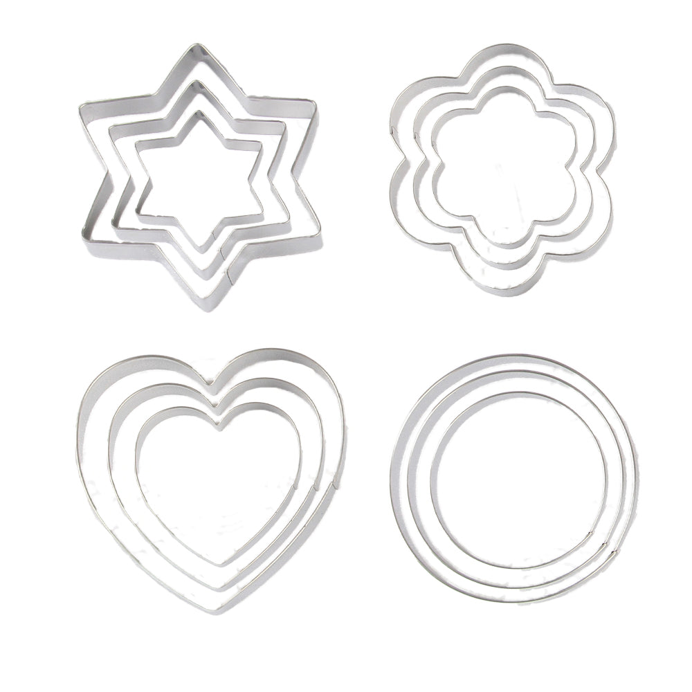 FineDecor Cookie Cutter Stainless Steel Cookie Cutter Set (Heart Shape, Round Shape, Star Shape, Flower Shape) (12 Pieces) - FD 3097
