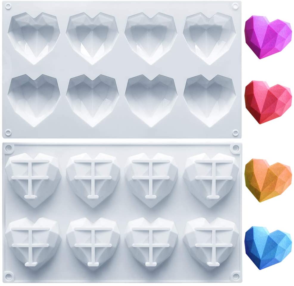 FineDecor Diamond Heart Shape Silicone Mousse Cake Mould for Chocolate Bombs, Non-stick Mould Tray for Valentine, Desserts, FD 3165 (8 Cavity)