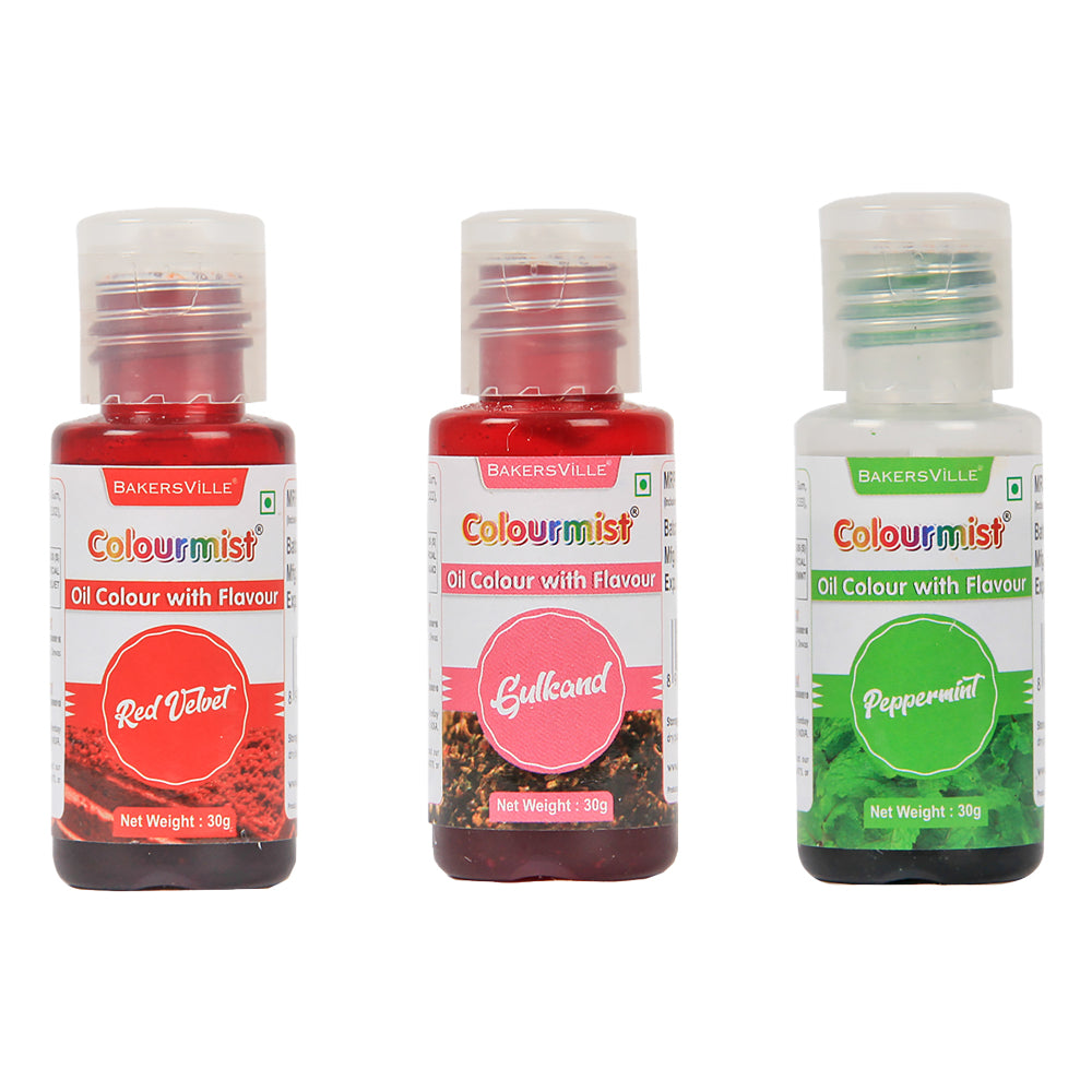 Colourmist Oil Colour With Flavour, Pack Of 3 (RED VELVET, GULKAND, PEPPERMINT), 30g Each | Chocolate Oil Assorted Flavour with Natural Colour
