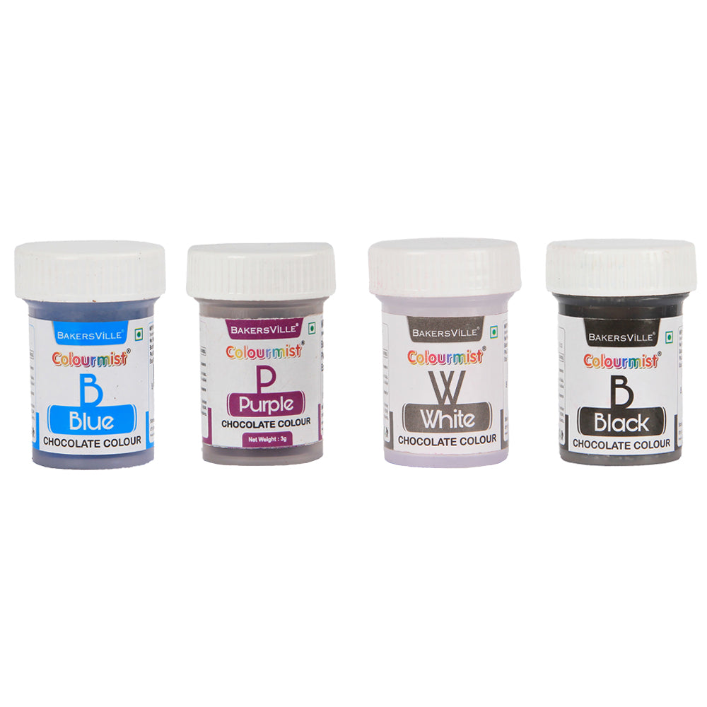 Colourmist Edible Chocolate Powder Colour Assorted 3g each, Pack of 4 Colours (Blue, Purple, White, Black)
