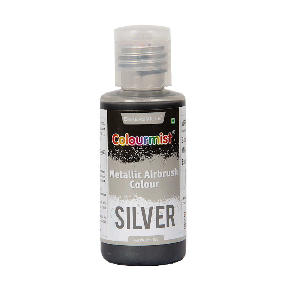 Colourmist Concentrated Vibrant Airbrush Metallic Food Colour (METALLIC SILVER), 50g | Airbrush Colour For Cakes, Choclate, Fondant, Icing and more