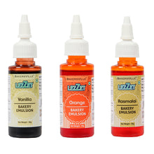 Load image into Gallery viewer, Lezzet Premium Bakery Emulsion Assorted 50g Each, Pack of 3 (Vanilla, Orange, Rasmalai) Flavor Booster For Cake, Cookie, cheesecake, fondant, syrups
