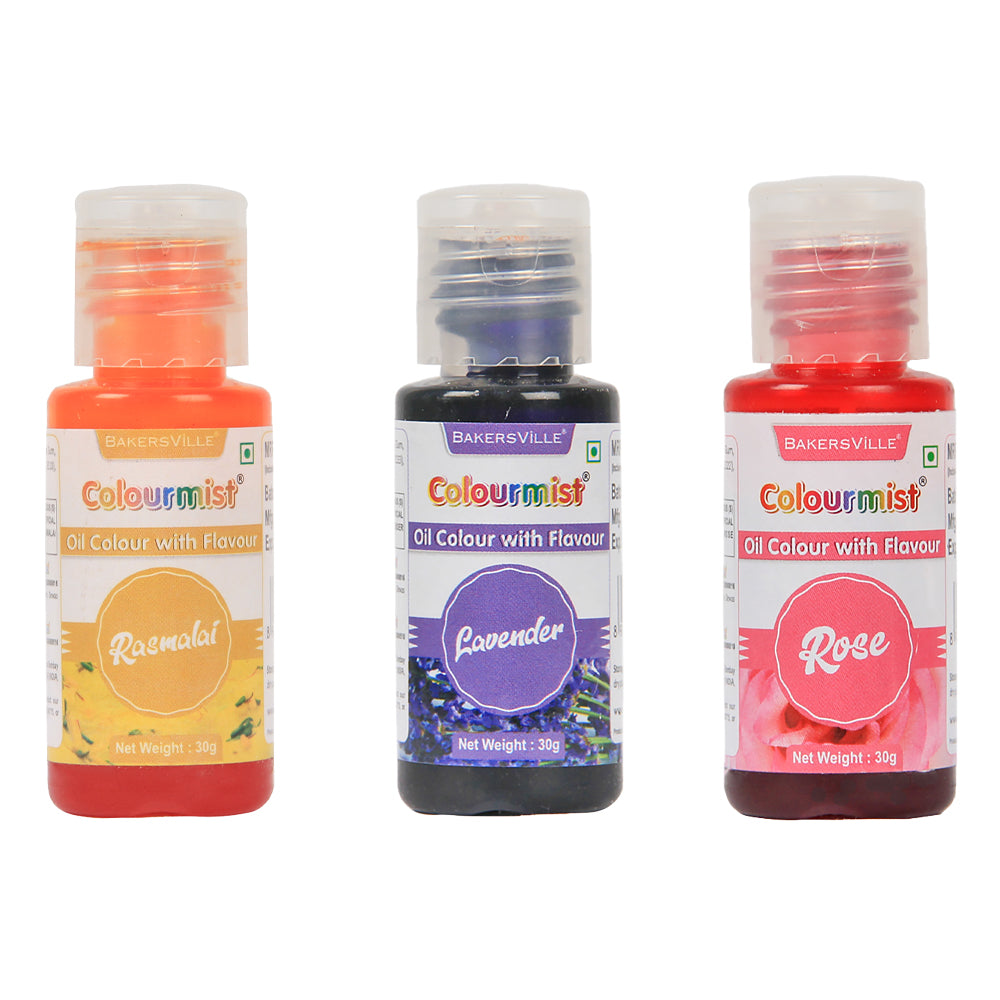Colourmist Oil Colour With Flavour, Assorted Pack Of 3 (RASMALAI, LAVENDER, ROSE), 30g Each | Chocolate Oil Assorted Flavour with Natural Colour