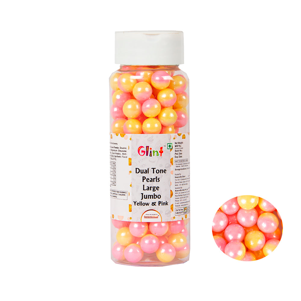 Glint Dual Tone Pearl Balls for Cake Decoration ( 10mm ) ( Yellow & Pink ), 150g | Dual Colour Cake Sprinkle For Cake Decoration | 150g