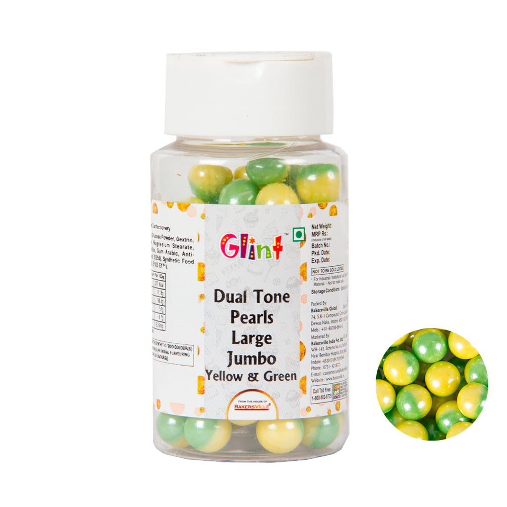 Glint Dual Tone Pearl Balls for Cake Decoration ( 10mm ) ( Yellow & Green ), 75g | Dual Colour Cake Sprinkle For Cake Decoration | 75g