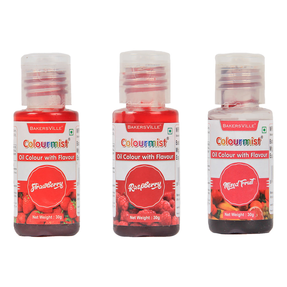 Colourmist Oil Colour With Flavour, Pack Of 3 (STRAWBERRY, RASPBERRY, MIXED FRUIT), 30g Each | Chocolate Oil Assorted Flavour with Natural Colour
