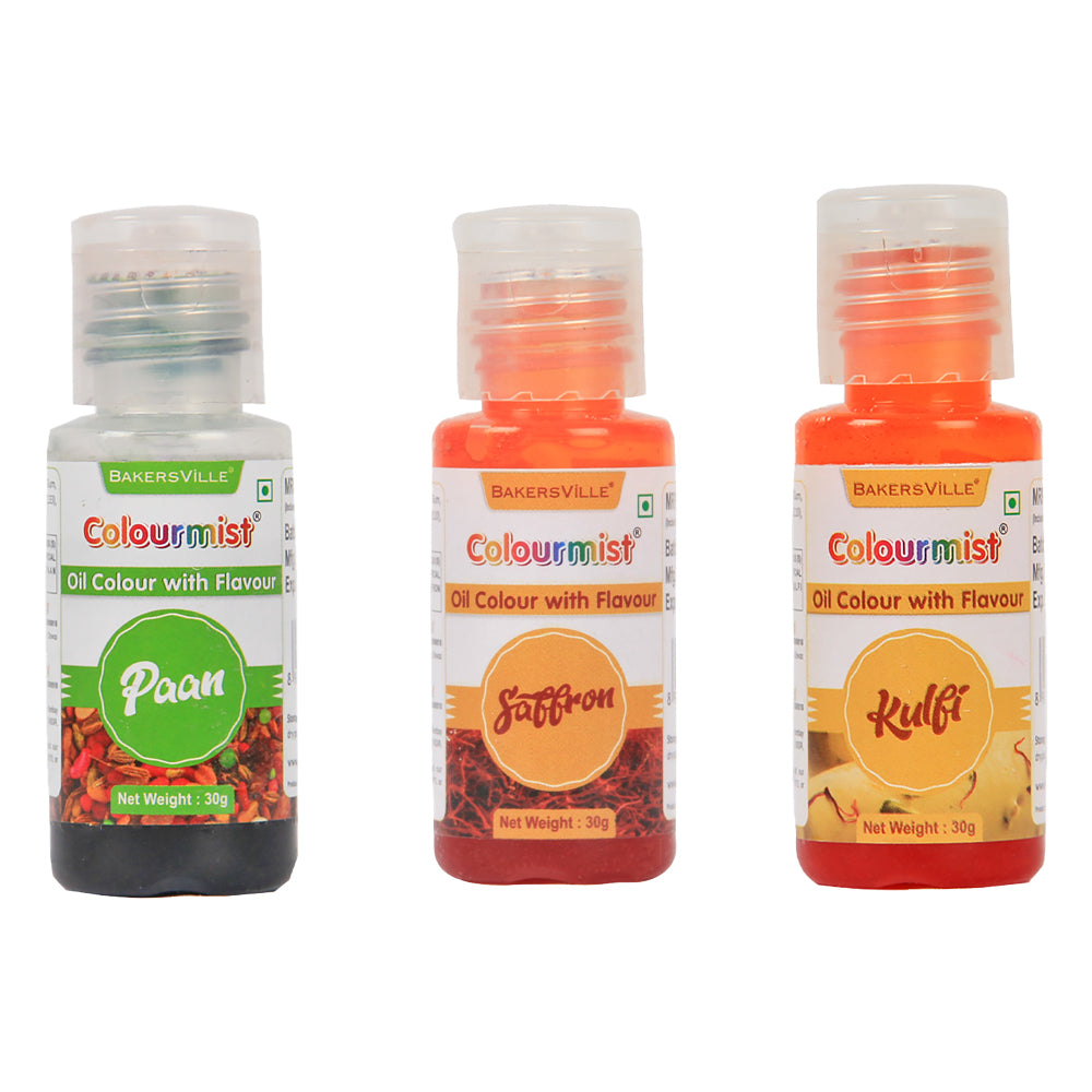 Colourmist Oil Colour With Flavour, Assorted Pack Of 3 (PAAN, SAFFRON, KULFI), 30g Each | Chocolate Oil Assorted Flavour with Natural Colour