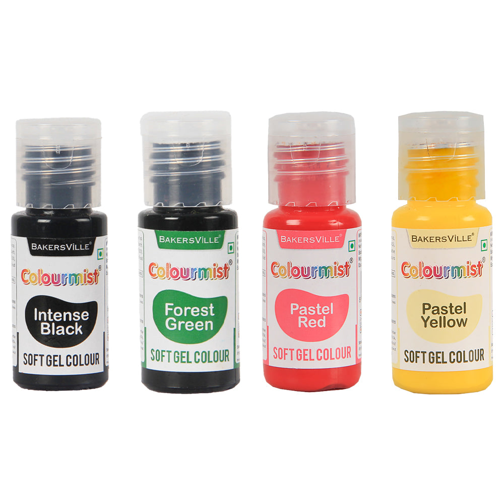 Colourmist Soft Gel Concentrated Color 20g each, Pack of 4( Black, Forest Green, Pastel Red, Mustard Yellow) Gel Colour For Fondant, Dessert, Baking