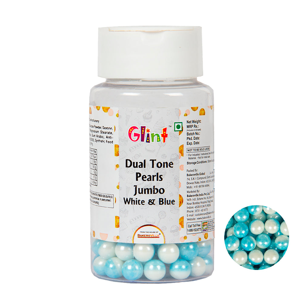 Glint Dual Tone Pearl Balls for Cake Decoration ( 7mm ) ( White & Blue ), 75g | Dual Colour Cake Sprinkle For Cake Decoration | 75g