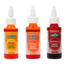 Load image into Gallery viewer, Lezzet Premium Bakery Emulsion Assorted 50g Each, Pack of 3 (Mango, Orange, Red Velvet), Extract Replacement, Flavor Booster For Cake, Cookie
