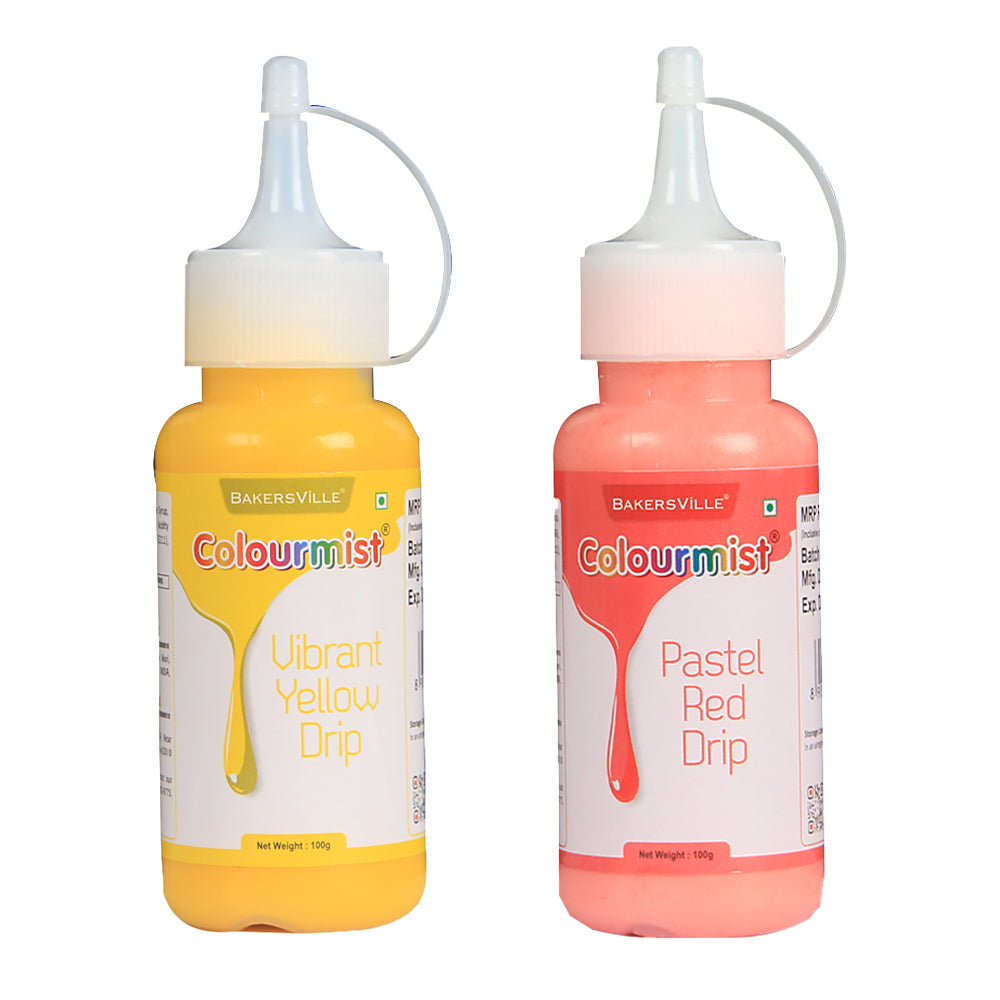 Colourmist Cake Decorating Drip Assorted 100g Each, Pack Of 2 Edible Drips (VIBRANT YELLOW ,PASTEL RED), 100 gm Each