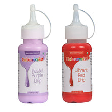 Load image into Gallery viewer, Colourmist Cake Decorating Drip Assorted 100g Each, Pack Of 2 Edible Drips (PASTEL PURPLE ,VIBRANT RED), 100 gm Each
