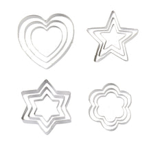 Load image into Gallery viewer, FineDecor Cookie Cutter Stainless Steel Cookie Cutter Set (Heart Shape, 6 &amp; 5 Poninted Star Shape, Flower Shape) (12 Pieces) - FD 3099
