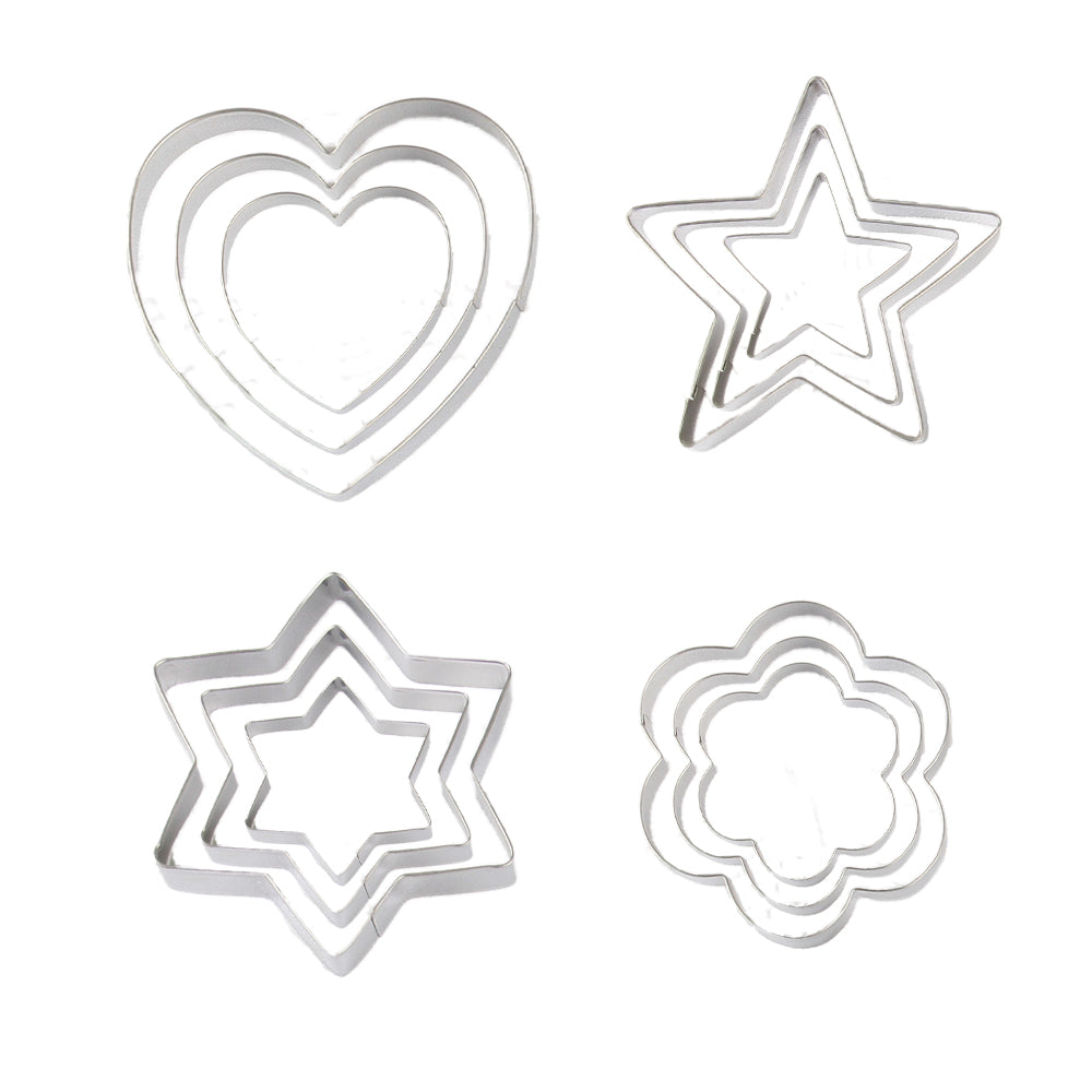 FineDecor Cookie Cutter Stainless Steel Cookie Cutter Set (Heart Shape, 6 & 5 Poninted Star Shape, Flower Shape) (12 Pieces) - FD 3099