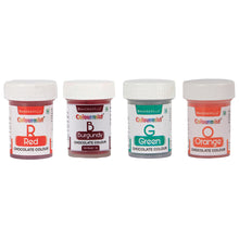 Load image into Gallery viewer, Colourmist Edible Chocolate Powder Colour Assorted 3g each, Pack of 4 Colours (Red, Burgundy, Green, Orange)
