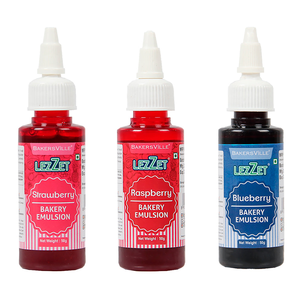 Lezzet Premium Bakery Emulsion Assorted 50g Each, Pack of 3 (Strawberry, Raspberry, Blueberry), Extract Replacement, Flavor Booster For Cake, Cookie