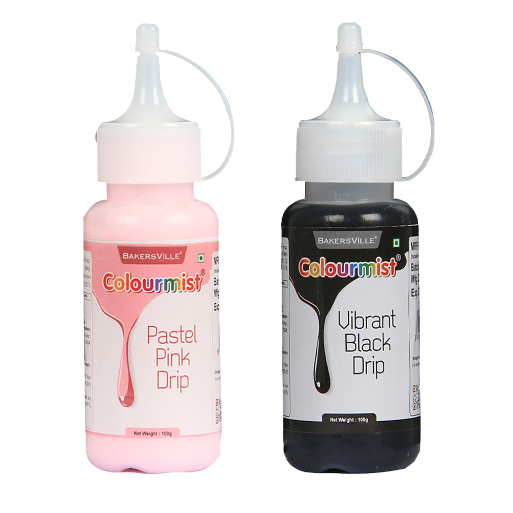 Colourmist Cake Decorating Drip Assorted 100g Each, Pack Of 2 Edible Drips (PASTEL PINK ,VIBRANT BLACK), 100 gm Each