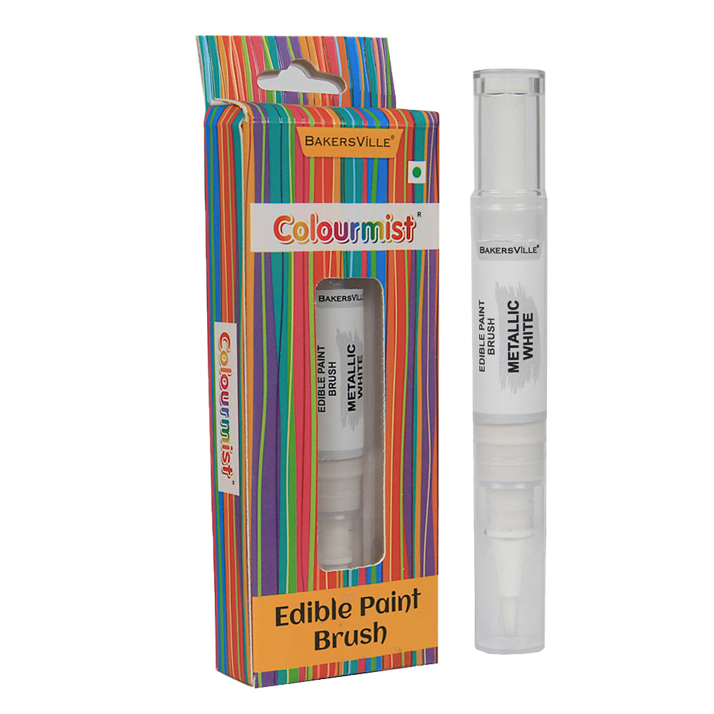 Colourmist Edible Paint Brush With Metallic Paint ( Metallic White ) | Food Colour Paint Brush For Dessert | 1pc