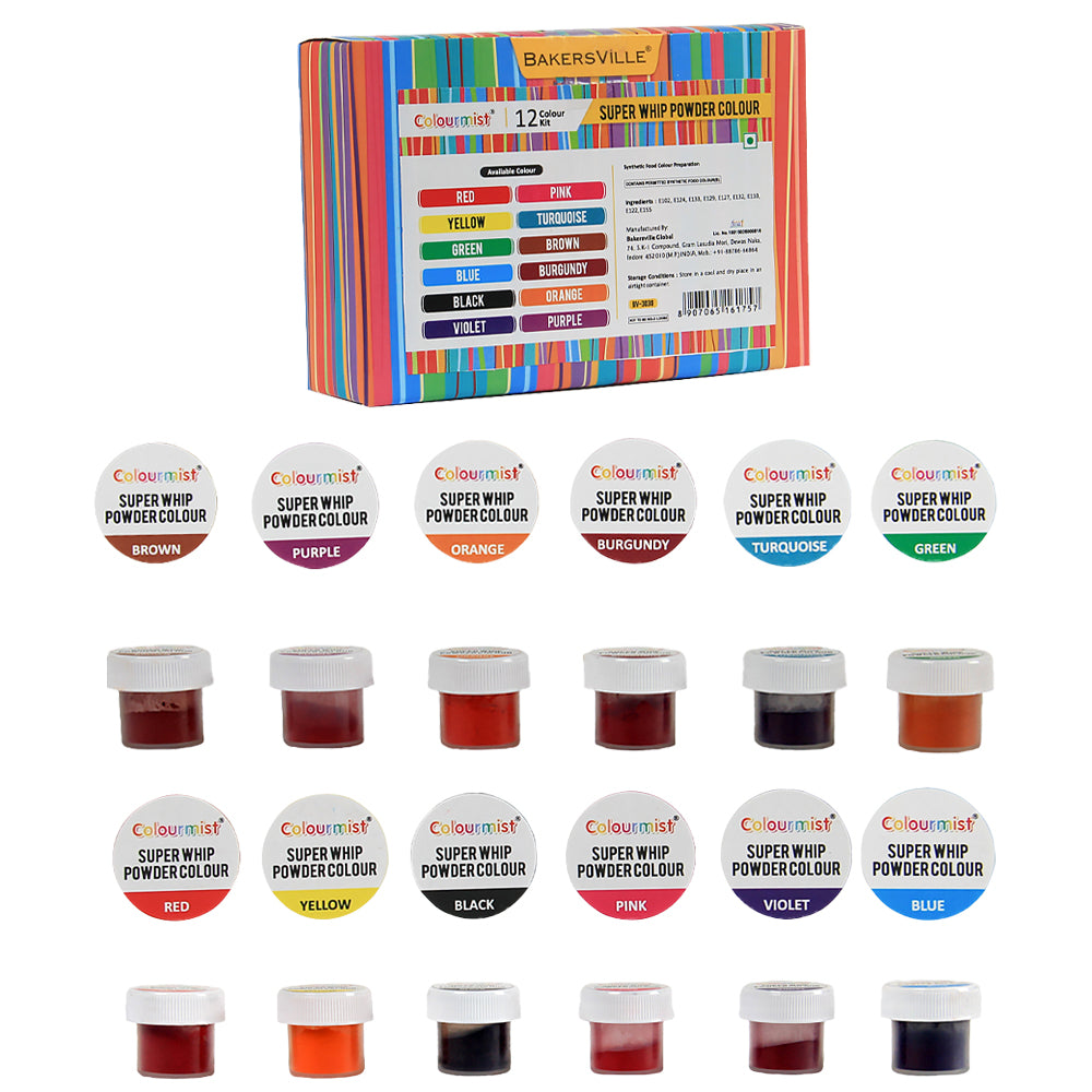 Colormist Super Whip Color Assorted 2.5g each, Pack of 12(Red,Yellow,Green,Blue,Pink,Turquoise,Black,Violet,Brown,Burgundy,Orange,Purple) BV 3030