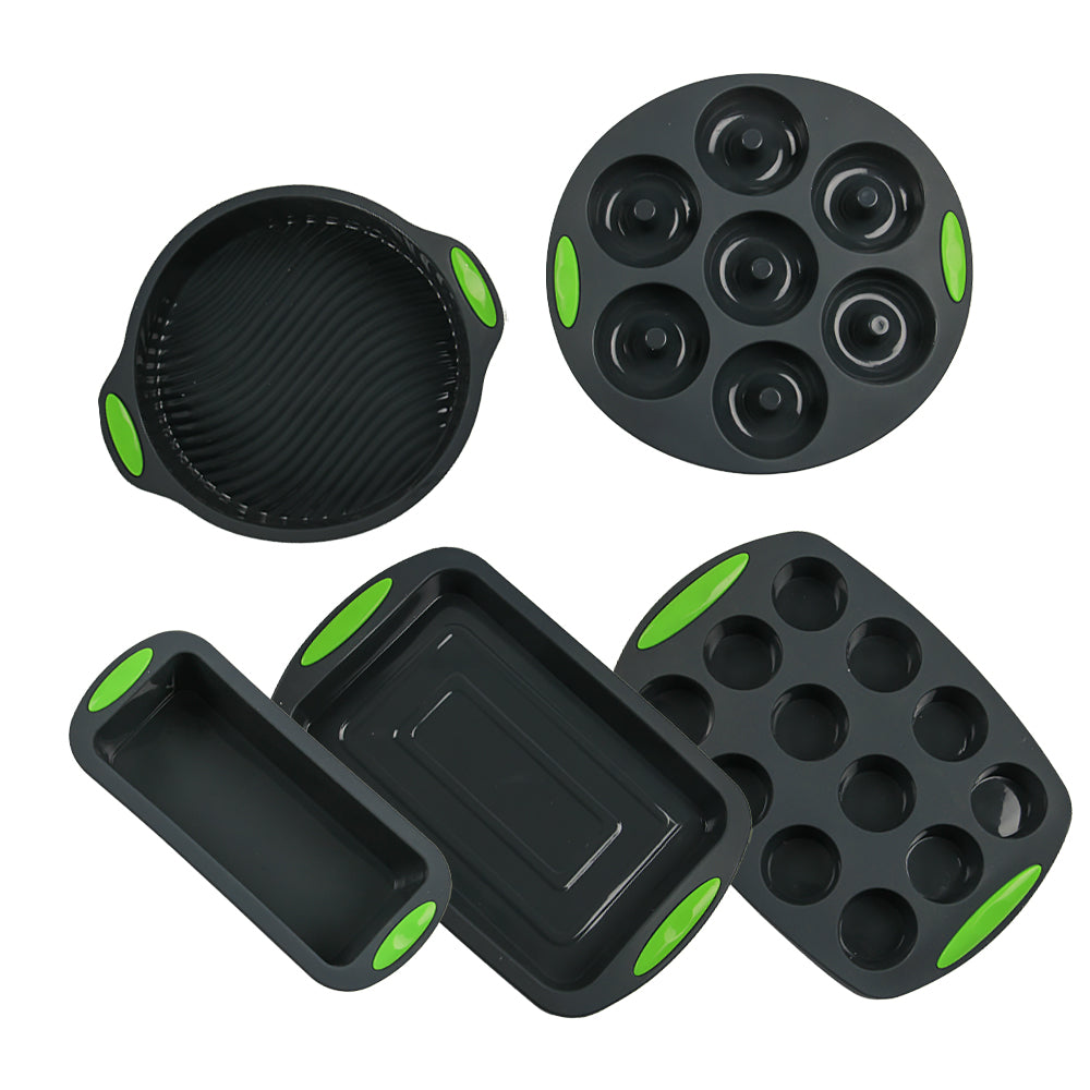 FineDecor 5 psc Premium NonStick Silicone Bakeware Set, Non Stick Doughnut Pan, Muffin Pan, Loaf Pan, Round & Square Pan Kitchen Tool, FD 3401, Black